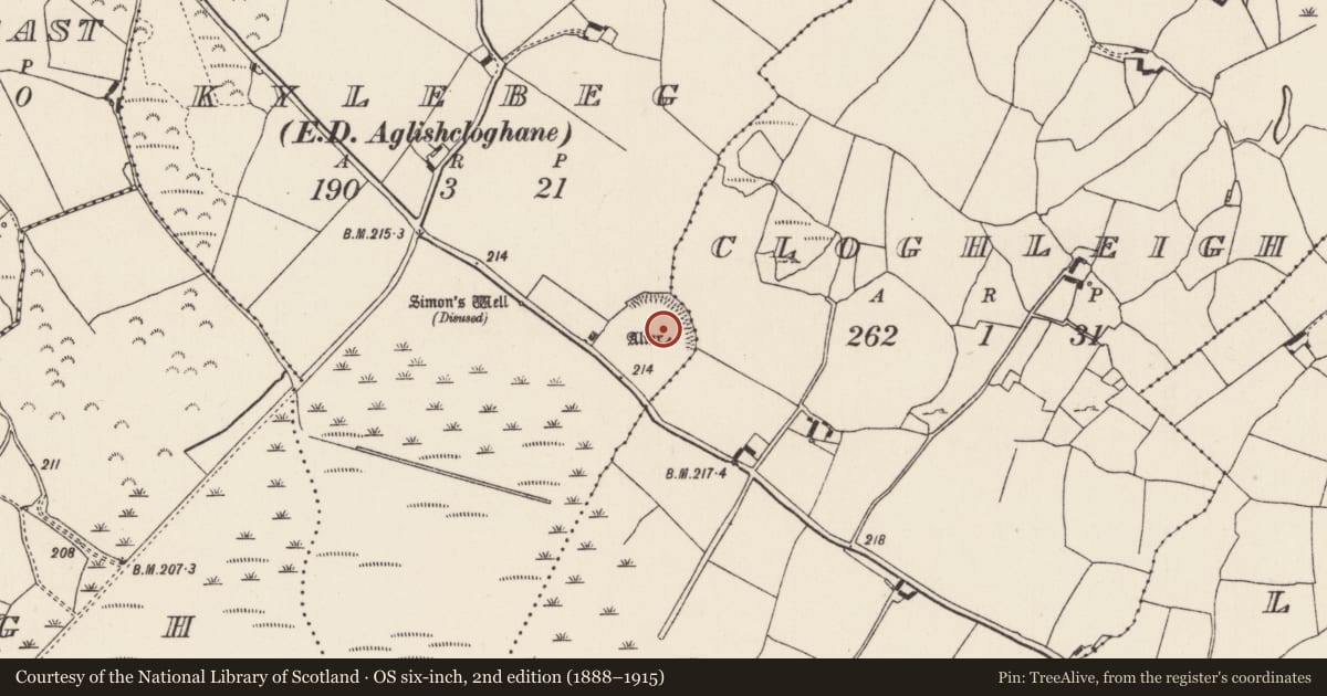 Ordnance Survey six-inch map, 2nd edition (1888–1915) covering the location of Bullaun stone, Cloghleigh (Aglishcloghane Par.), Kylebeg (Aglishcloghane Par.), County Tipperary North, with a pin at the register's coordinates