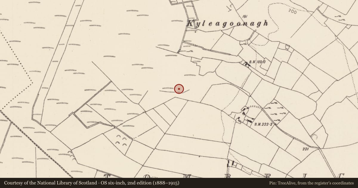 Ordnance Survey six-inch map, 2nd edition (1888–1915) covering the location of Fulacht fia, Tombrickane, County Tipperary North, with a pin at the register's coordinates