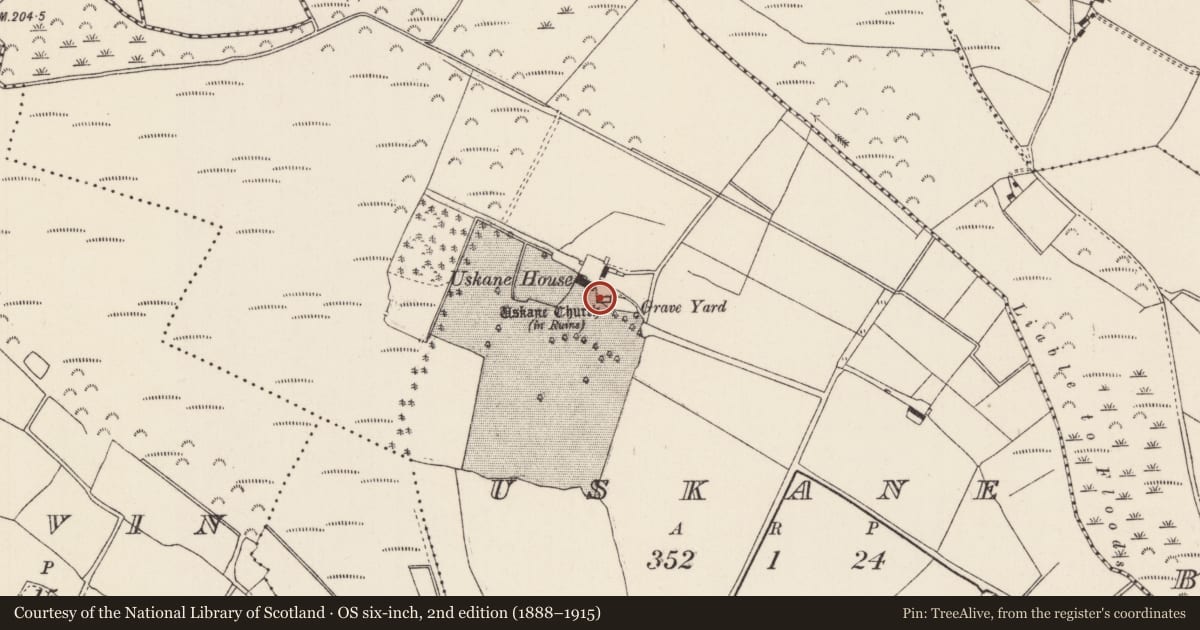 Ordnance Survey six-inch map, 2nd edition (1888–1915) covering the location of Church, Uskane, County Tipperary North, with a pin at the register's coordinates