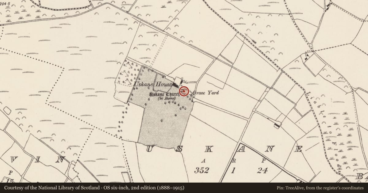 Ordnance Survey six-inch map, 2nd edition (1888–1915) covering the location of Graveyard, Uskane, County Tipperary North, with a pin at the register's coordinates