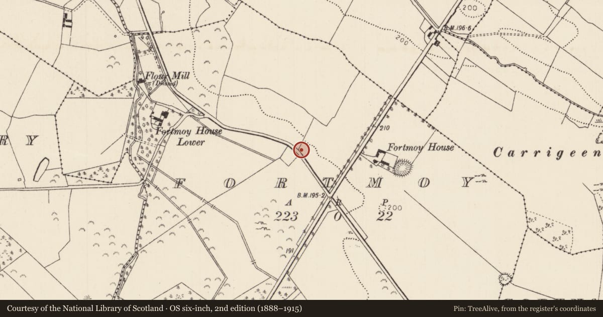 Ordnance Survey six-inch map, 2nd edition (1888–1915) covering the location of Fulacht fia, Fortmoy, County Tipperary North, with a pin at the register's coordinates