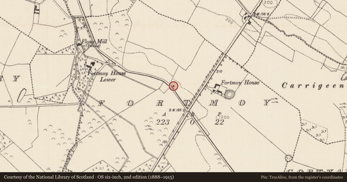 Ordnance Survey six-inch map, 2nd edition (1888–1915) covering the location of Fulacht fia, Fortmoy, County Tipperary North, with a pin at the register's coordinates