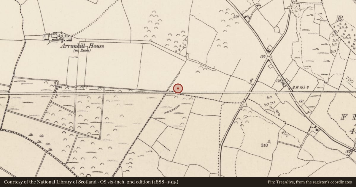 Ordnance Survey six-inch map, 2nd edition (1888–1915) covering the location of Fulacht fia, Tombrickane, County Tipperary North, with a pin at the register's coordinates