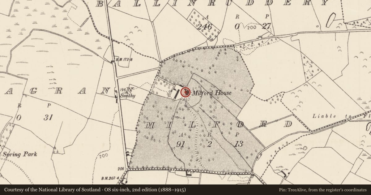 Ordnance Survey six-inch map, 2nd edition (1888–1915) covering the location of House - 17th century, Milford, County Tipperary North, with a pin at the register's coordinates