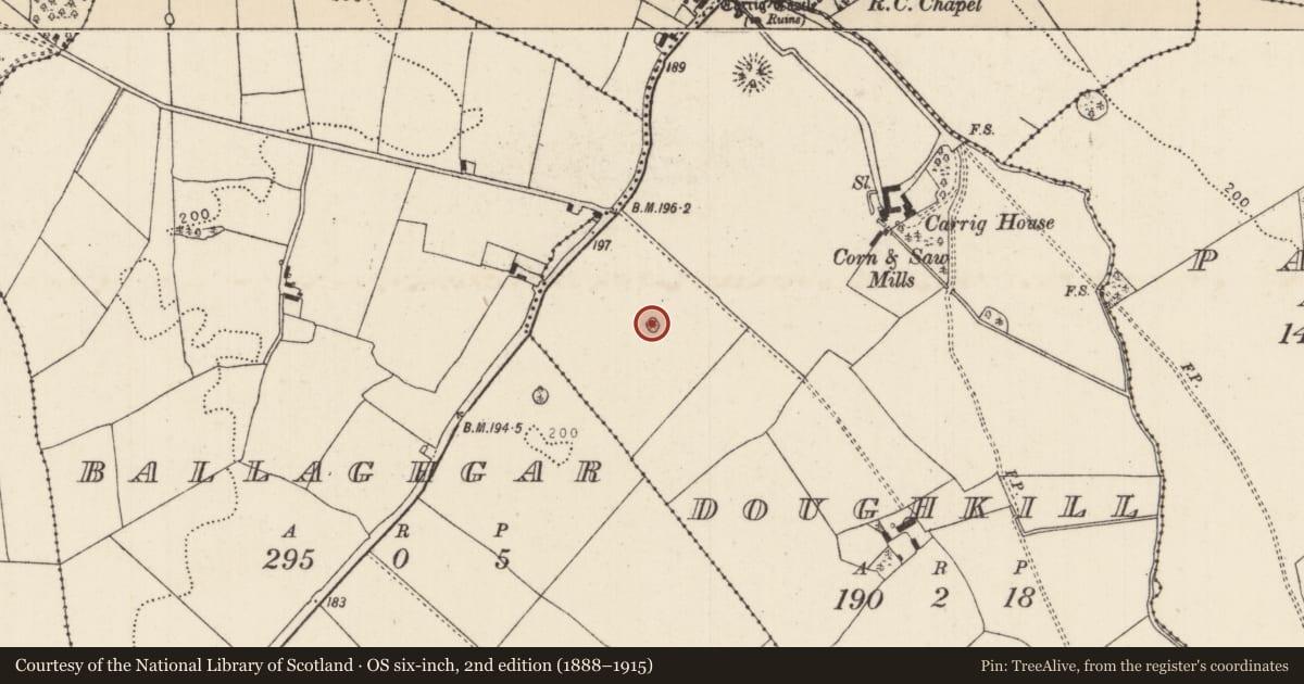 Ordnance Survey six-inch map, 2nd edition (1888–1915) covering the location of Barrow - ring-barrow, Doughkill, County Tipperary North, with a pin at the register's coordinates