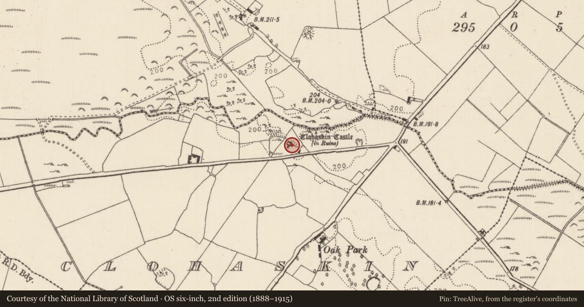 Ordnance Survey six-inch map, 2nd edition (1888–1915) covering the location of Castle - hall-house, Clohaskin, County Tipperary North, with a pin at the register's coordinates