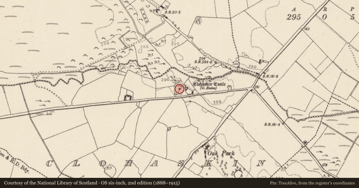 Ordnance Survey six-inch map, 2nd edition (1888–1915) covering the location of Enclosure, Clohaskin, County Tipperary North, with a pin at the register's coordinates