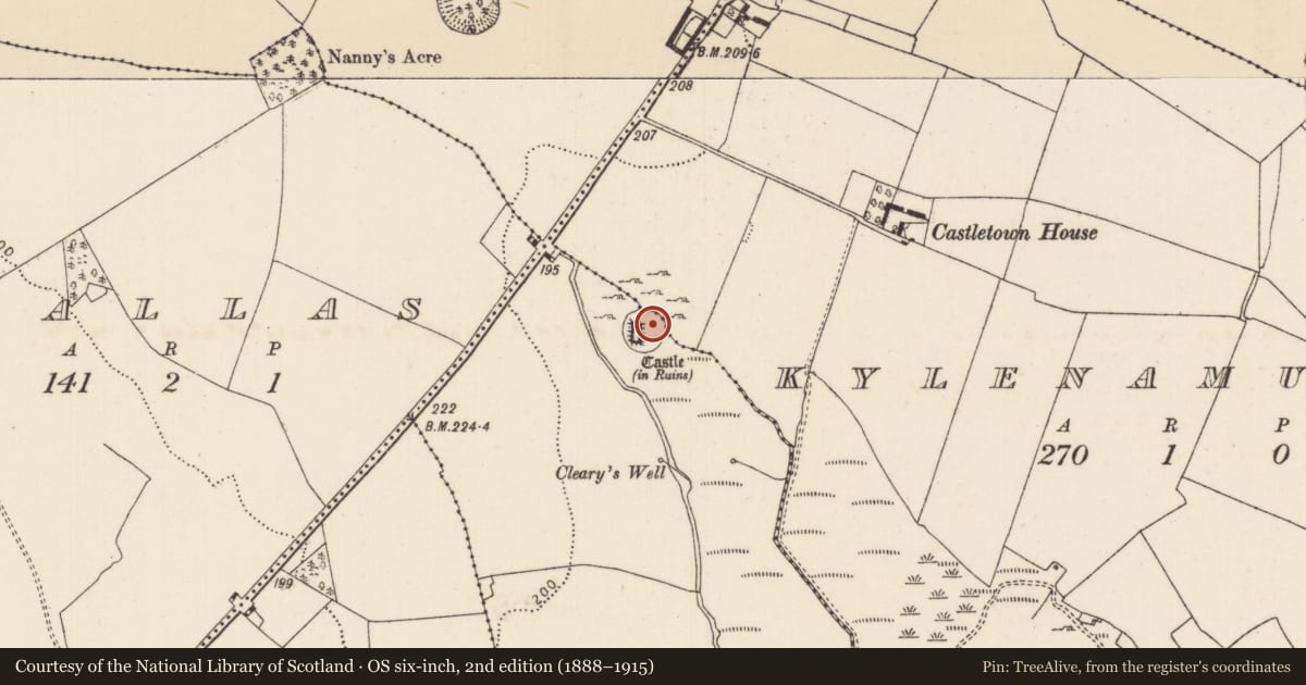 Ordnance Survey six-inch map, 2nd edition (1888–1915) covering the location of Bawn, Castletown (Loughkeen Par.), Kylenamuck, County Tipperary North, with a pin at the register's coordinates