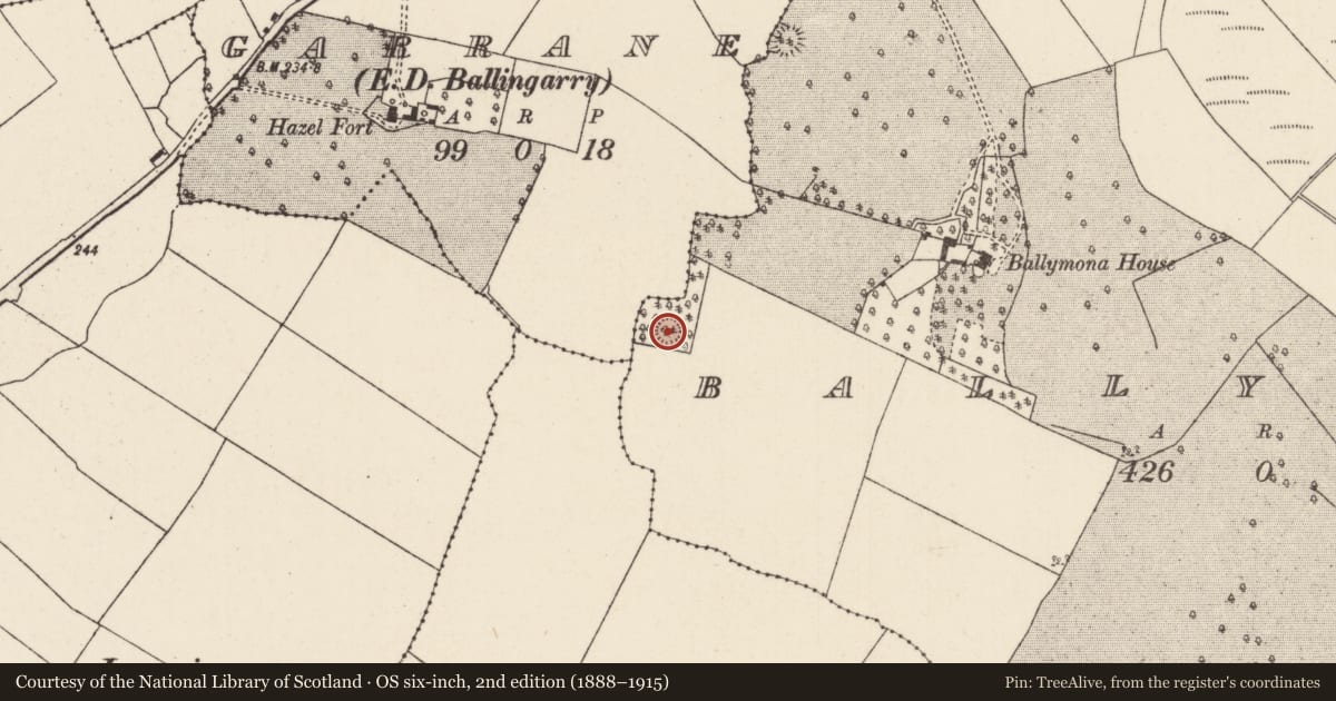 Ordnance Survey six-inch map, 2nd edition (1888–1915) covering the location of Enclosure, Ballymona, County Tipperary North, with a pin at the register's coordinates