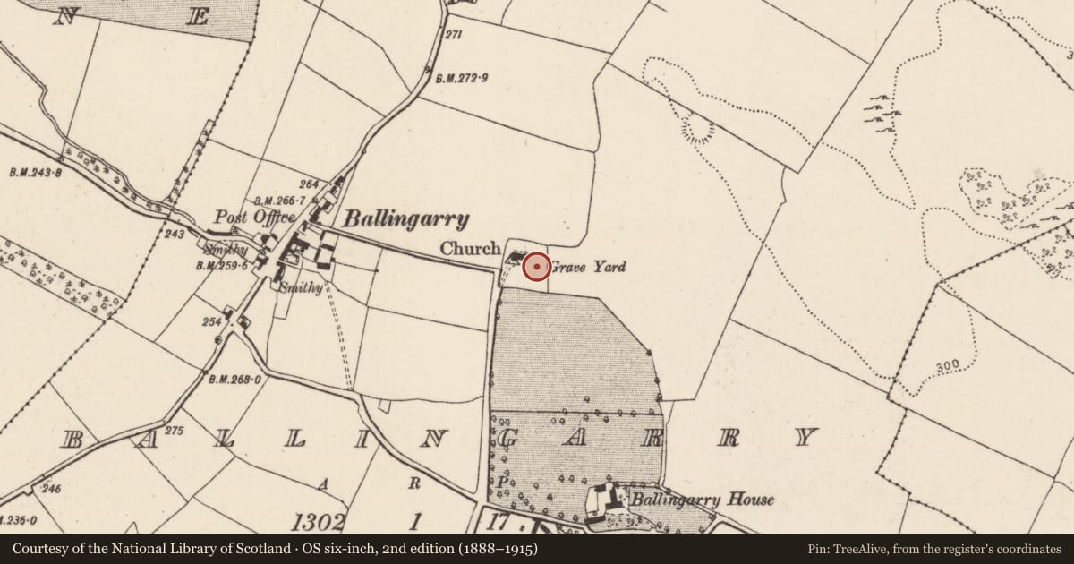 Ordnance Survey six-inch map, 2nd edition (1888–1915) covering the location of Church, Ballingarry, County Tipperary North, with a pin at the register's coordinates