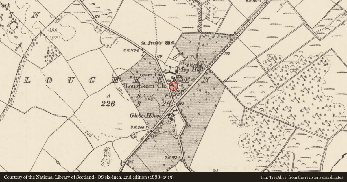Ordnance Survey six-inch map, 2nd edition (1888–1915) covering the location of Graveyard, Loughkeen, County Tipperary North, with a pin at the register's coordinates