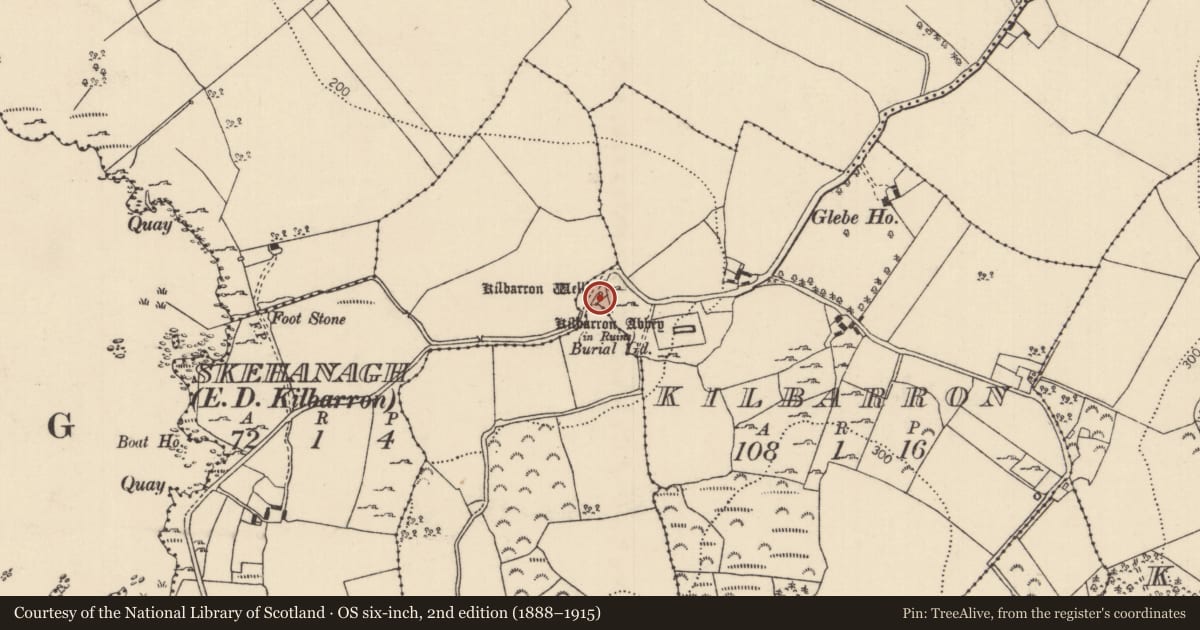 Ordnance Survey six-inch map, 2nd edition (1888–1915) covering the location of Ritual site - holy well, Kilbarron, County Tipperary North, with a pin at the register's coordinates