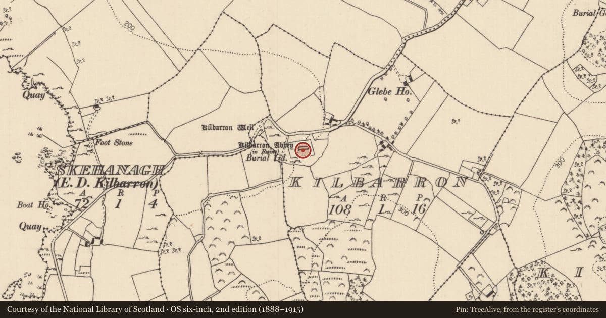 Ordnance Survey six-inch map, 2nd edition (1888–1915) covering the location of Church, Kilbarron, County Tipperary North, with a pin at the register's coordinates