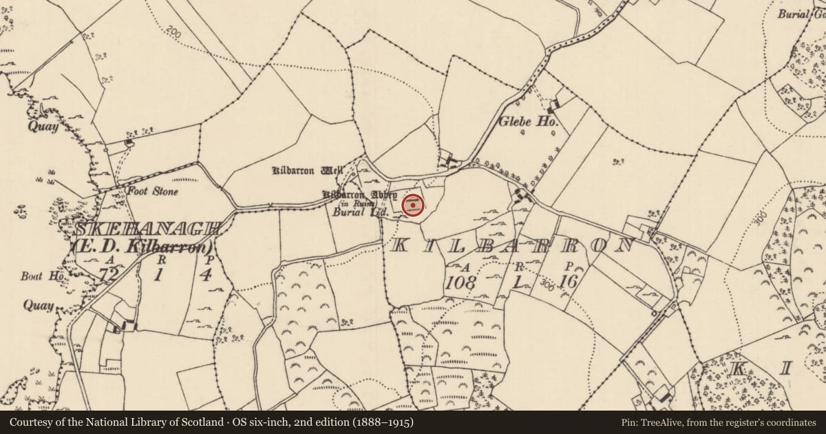 Ordnance Survey six-inch map, 2nd edition (1888–1915) covering the location of Graveyard, Kilbarron, County Tipperary North, with a pin at the register's coordinates