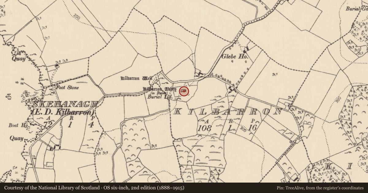 Ordnance Survey six-inch map, 2nd edition (1888–1915) covering the location of Mausoleum, Kilbarron, County Tipperary North, with a pin at the register's coordinates