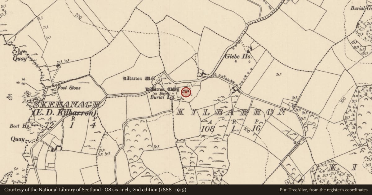 Ordnance Survey six-inch map, 2nd edition (1888–1915) covering the location of Cross-slab, Kilbarron, County Tipperary North, with a pin at the register's coordinates