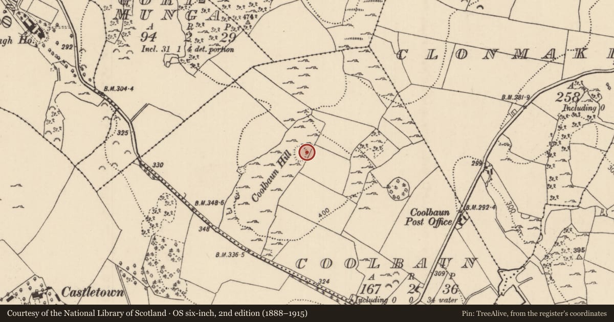 Ordnance Survey six-inch map, 2nd edition (1888–1915) covering the location of Enclosure, Coolbaun (Kilbarron Par.), County Tipperary North, with a pin at the register's coordinates
