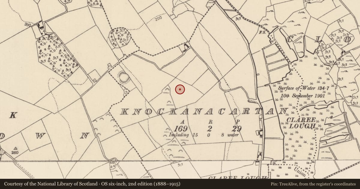 Ordnance Survey six-inch map, 2nd edition (1888–1915) covering the location of Enclosure, Knockanacartan, County Tipperary North, with a pin at the register's coordinates
