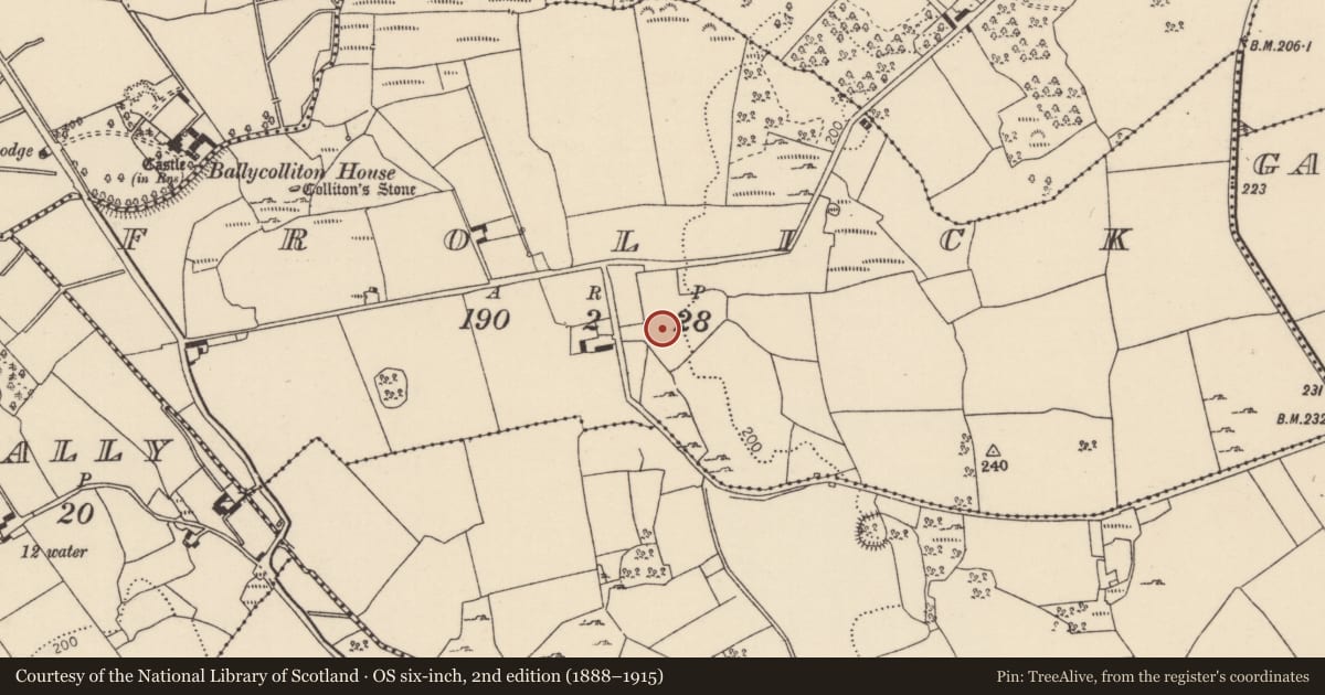 Ordnance Survey six-inch map, 2nd edition (1888–1915) covering the location of Earthwork, Frolick, County Tipperary North, with a pin at the register's coordinates