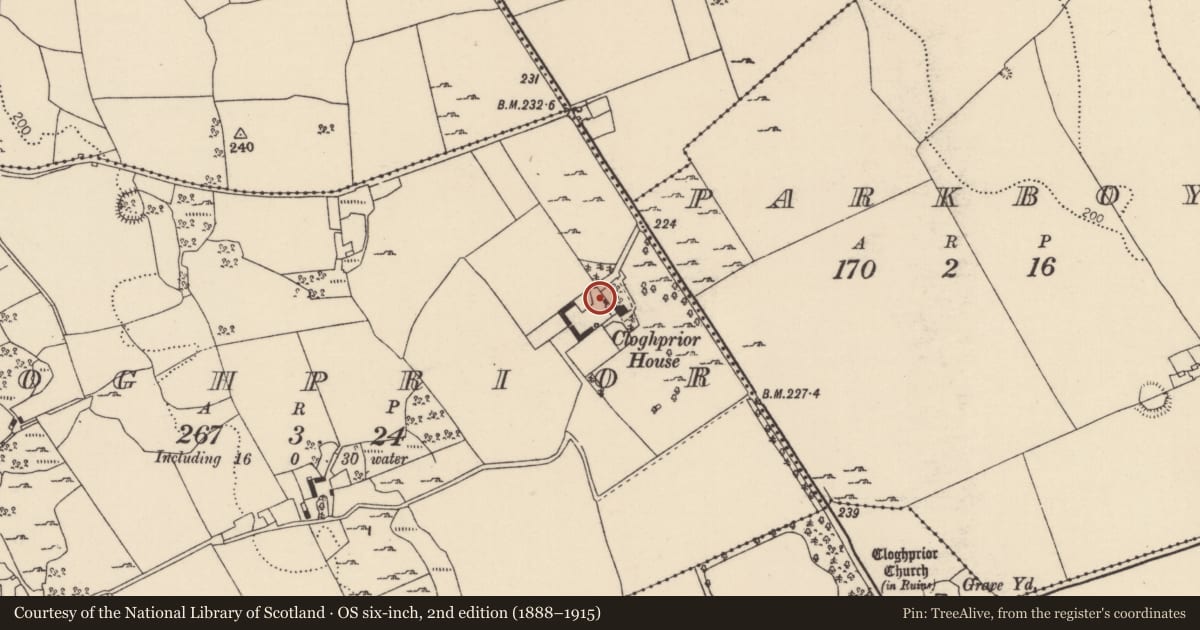 Ordnance Survey six-inch map, 2nd edition (1888–1915) covering the location of Castle - unclassified, Cloghprior, County Tipperary North, with a pin at the register's coordinates