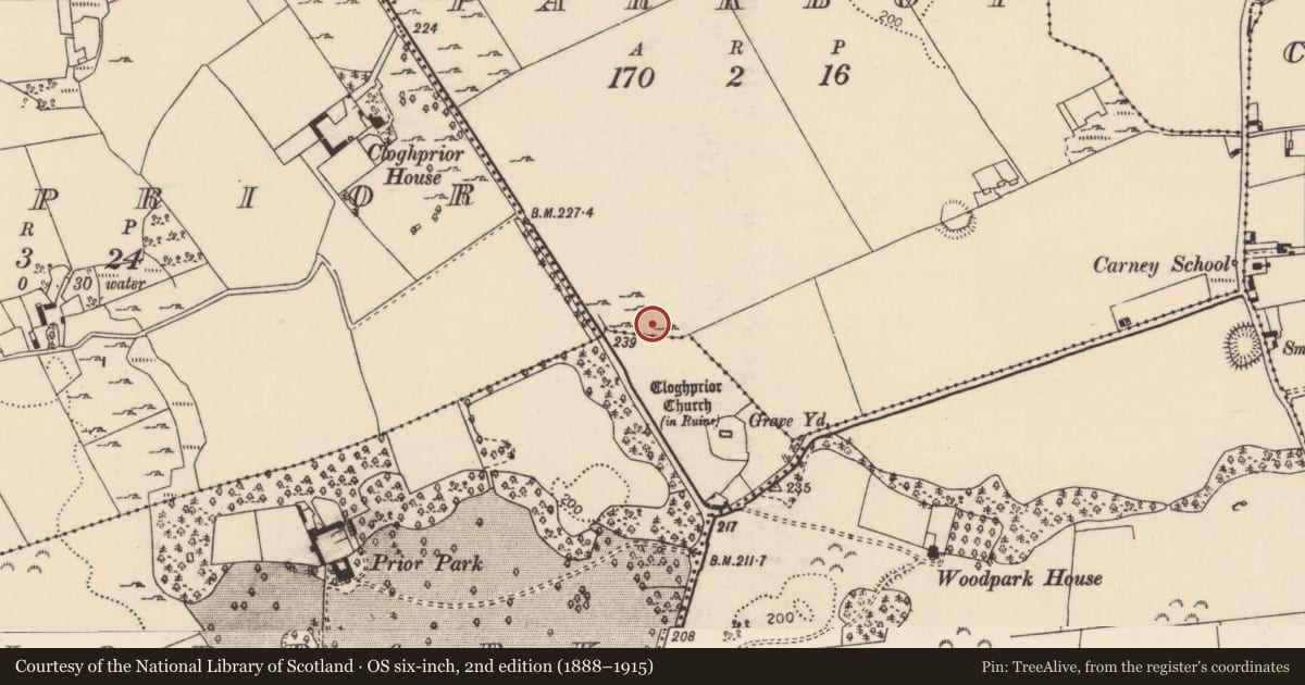 Ordnance Survey six-inch map, 2nd edition (1888–1915) covering the location of Earthwork, Parkboy, County Tipperary North, with a pin at the register's coordinates