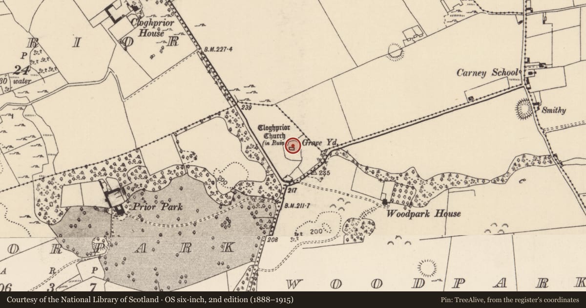 Ordnance Survey six-inch map, 2nd edition (1888–1915) covering the location of Graveslab, Priorpark, County Tipperary North, with a pin at the register's coordinates