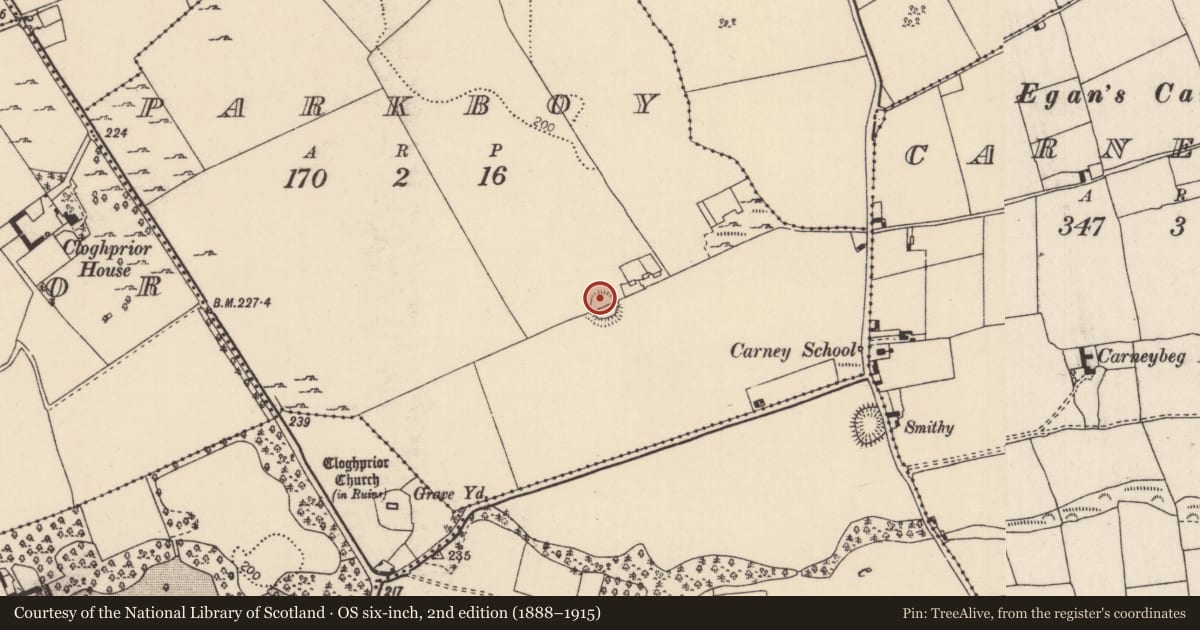 Ordnance Survey six-inch map, 2nd edition (1888–1915) covering the location of Ringfort - rath, Parkboy, County Tipperary North, with a pin at the register's coordinates
