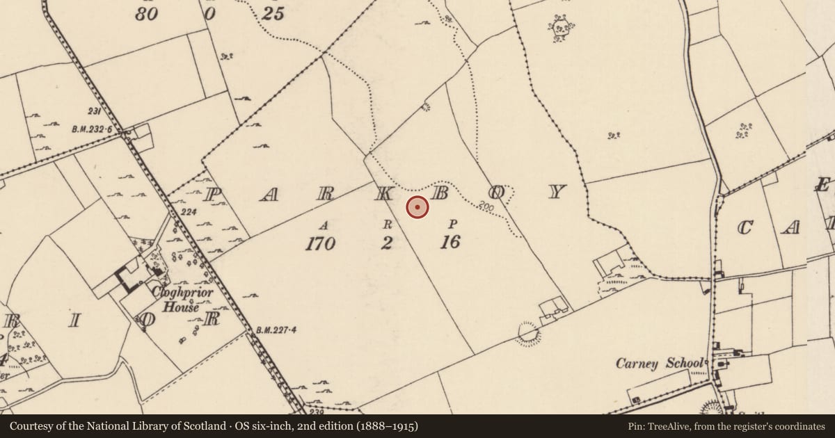 Ordnance Survey six-inch map, 2nd edition (1888–1915) covering the location of Burial ground, Parkboy, County Tipperary North, with a pin at the register's coordinates