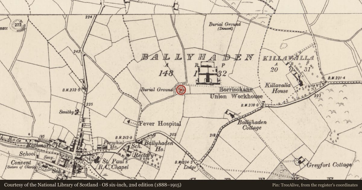 Ordnance Survey six-inch map, 2nd edition (1888–1915) covering the location of Ringfort - rath, Ballyhaden, County Tipperary North, with a pin at the register's coordinates