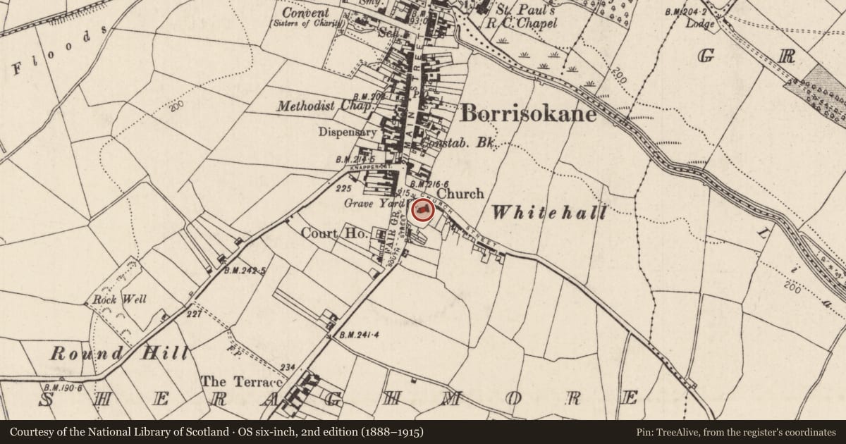 Ordnance Survey six-inch map, 2nd edition (1888–1915) covering the location of Church, Shesheraghmore, County Tipperary North, with a pin at the register's coordinates