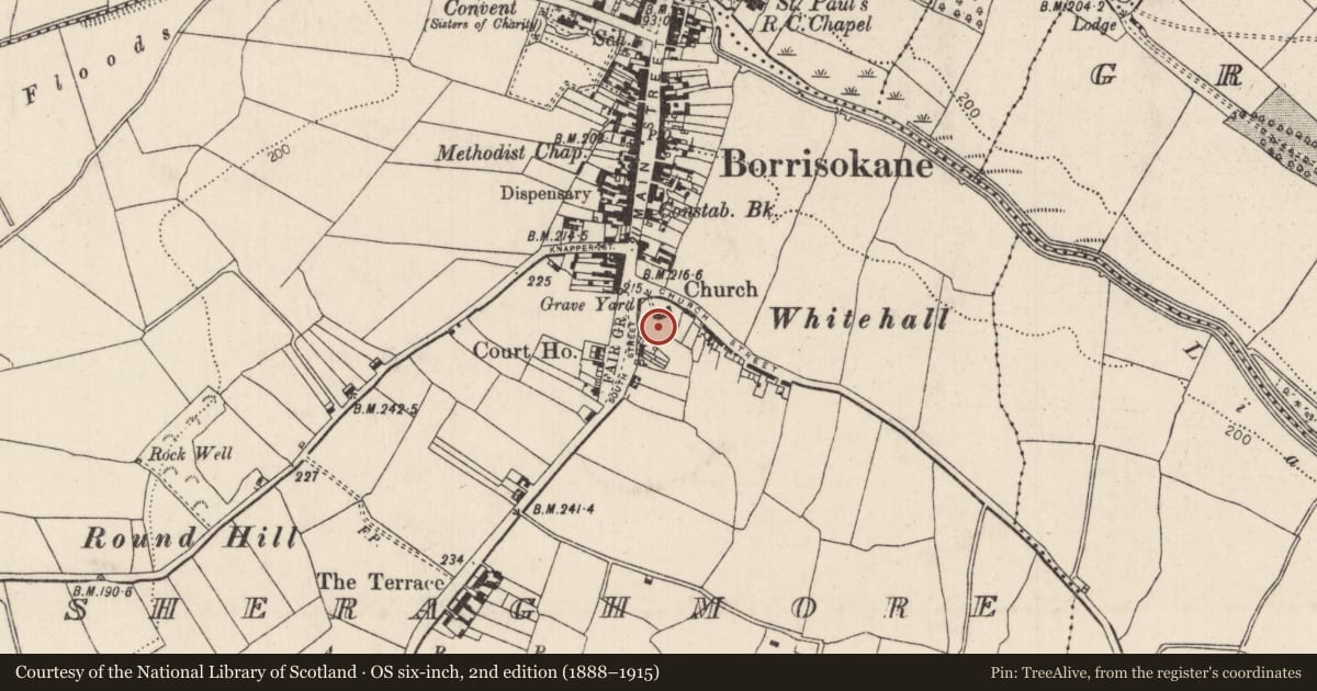 Ordnance Survey six-inch map, 2nd edition (1888–1915) covering the location of Graveyard, Shesheraghmore, County Tipperary North, with a pin at the register's coordinates