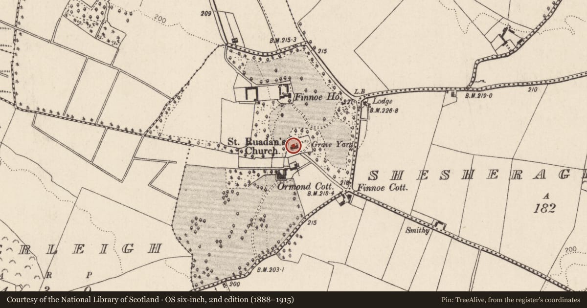 Ordnance Survey six-inch map, 2nd edition (1888–1915) covering the location of Graveyard, Curraghmore (Finnoe Par.), County Tipperary North, with a pin at the register's coordinates