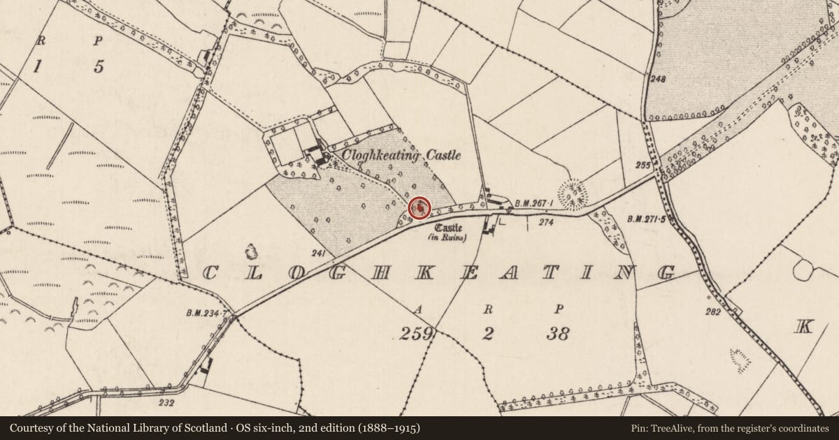 Ordnance Survey six-inch map, 2nd edition (1888–1915) covering the location of Castle - hall-house, Cloghkeating, County Tipperary North, with a pin at the register's coordinates