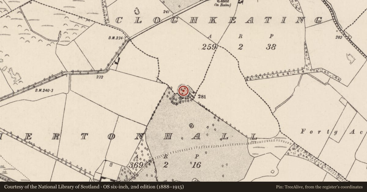 Ordnance Survey six-inch map, 2nd edition (1888–1915) covering the location of Ringfort - rath, Cloghkeating, Mertonhall, County Tipperary North, with a pin at the register's coordinates