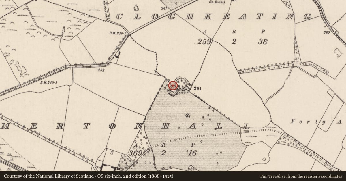 Ordnance Survey six-inch map, 2nd edition (1888–1915) covering the location of Sweathouse, Mertonhall, Cloghkeating, County Tipperary North, with a pin at the register's coordinates