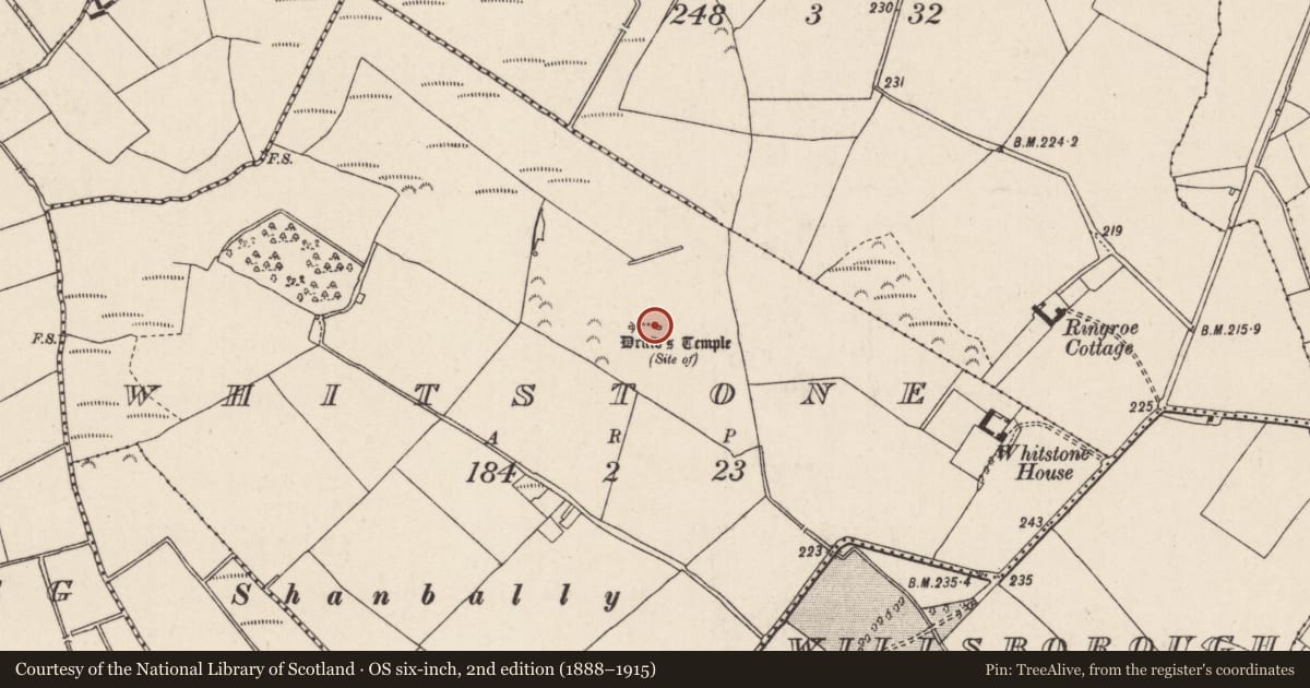 Ordnance Survey six-inch map, 2nd edition (1888–1915) covering the location of Megalithic tomb - unclassified, Whitstone, County Tipperary North, with a pin at the register's coordinates