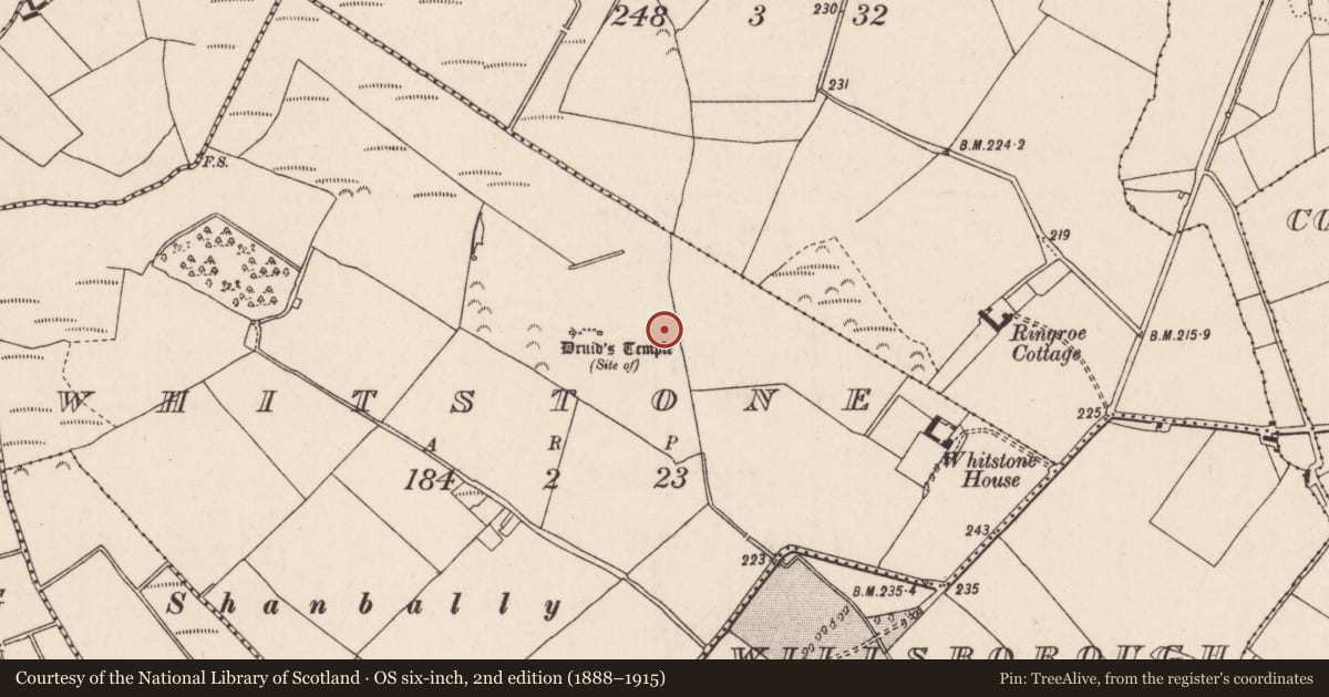 Ordnance Survey six-inch map, 2nd edition (1888–1915) covering the location of Fulacht fia, Whitstone, County Tipperary North, with a pin at the register's coordinates