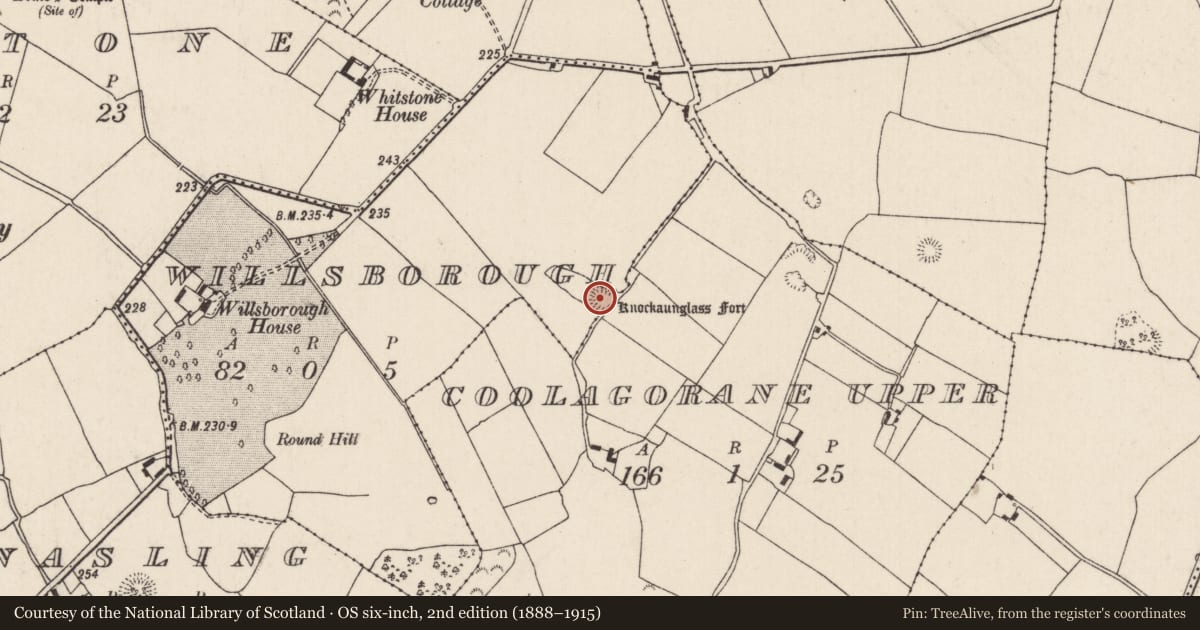 Ordnance Survey six-inch map, 2nd edition (1888–1915) covering the location of Enclosure, Coolagorane Upper, Willsborough, County Tipperary North, with a pin at the register's coordinates