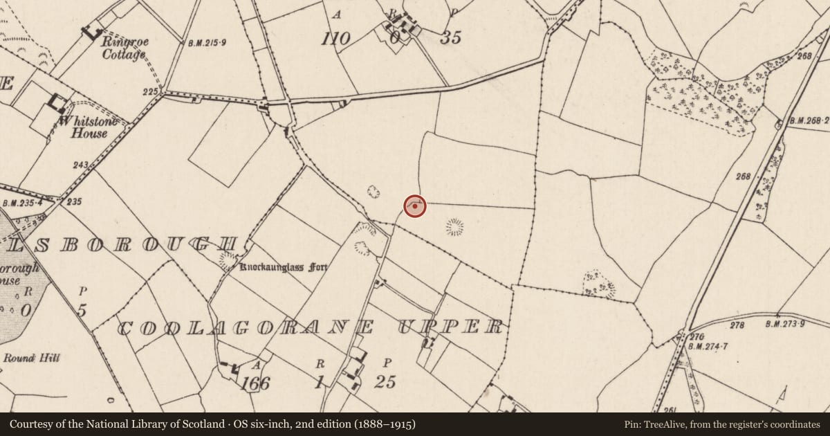 Ordnance Survey six-inch map, 2nd edition (1888–1915) covering the location of Earthwork, Coolagorane Lower, County Tipperary North, with a pin at the register's coordinates