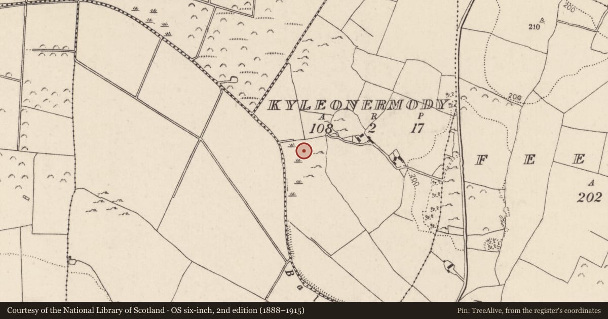 Ordnance Survey six-inch map, 2nd edition (1888–1915) covering the location of Fulacht fia, Kyleonermody, County Tipperary North, with a pin at the register's coordinates