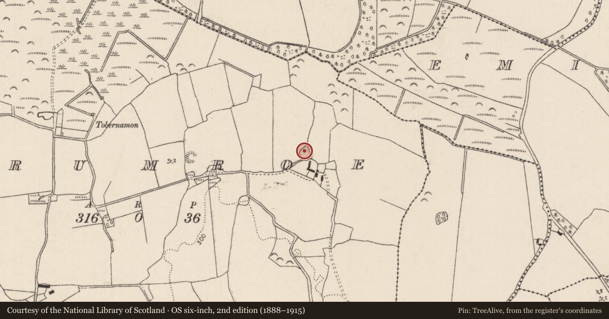 Ordnance Survey six-inch map, 2nd edition (1888–1915) covering the location of Enclosure, Drumroe (Modreeny Par.), County Tipperary North, with a pin at the register's coordinates