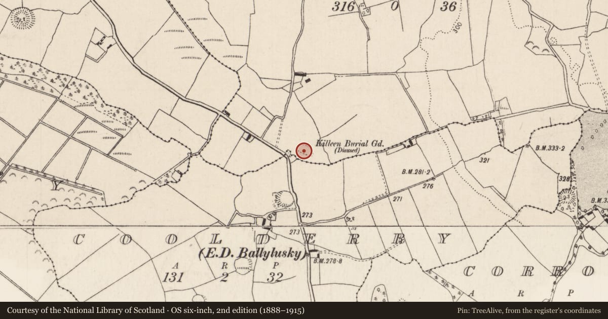 Ordnance Survey six-inch map, 2nd edition (1888–1915) covering the location of Children's burial ground, Drumroe (Modreeny Par.), County Tipperary North, with a pin at the register's coordinates