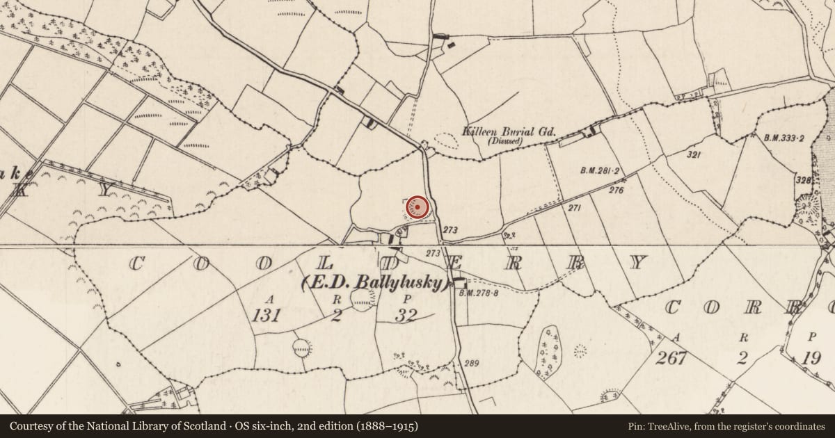 Ordnance Survey six-inch map, 2nd edition (1888–1915) covering the location of Enclosure, Coolderry (Modreeny Par.), County Tipperary North, with a pin at the register's coordinates