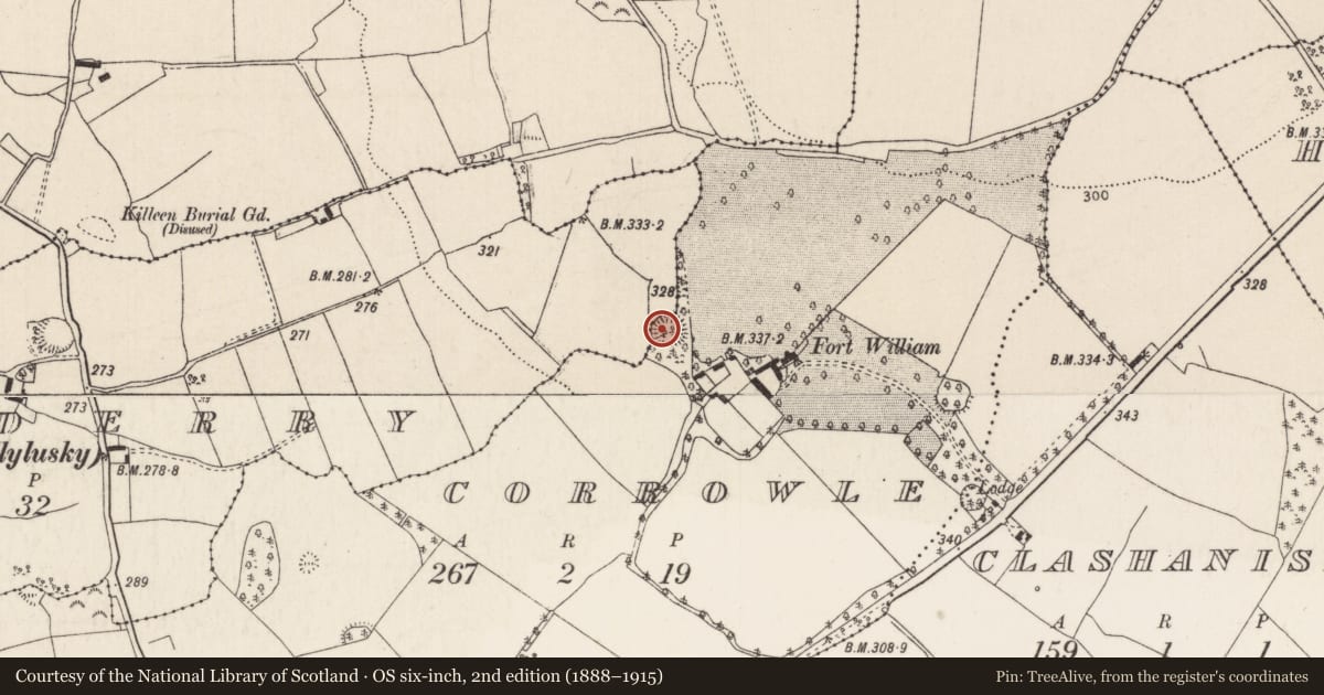 Ordnance Survey six-inch map, 2nd edition (1888–1915) covering the location of Ringfort - rath, Coolderry (Modreeny Par.), Corrowle, County Tipperary North, with a pin at the register's coordinates