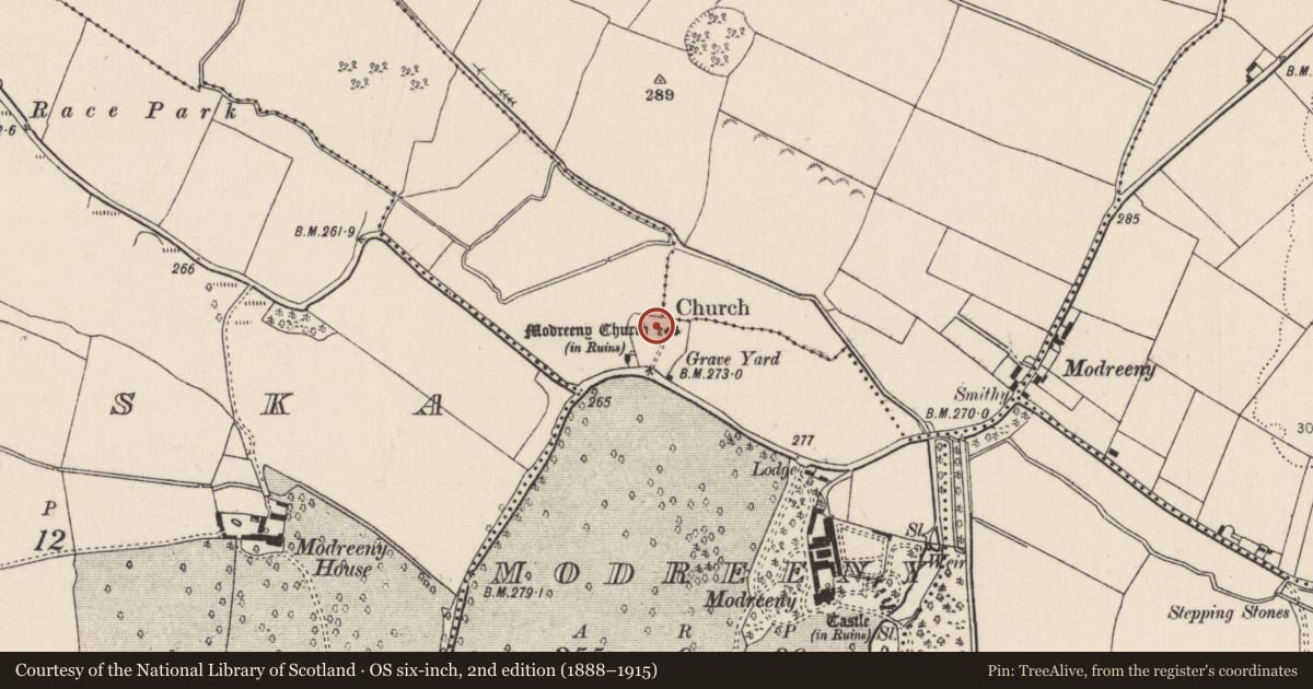 Ordnance Survey six-inch map, 2nd edition (1888–1915) covering the location of Church, Modreeny, County Tipperary North, with a pin at the register's coordinates