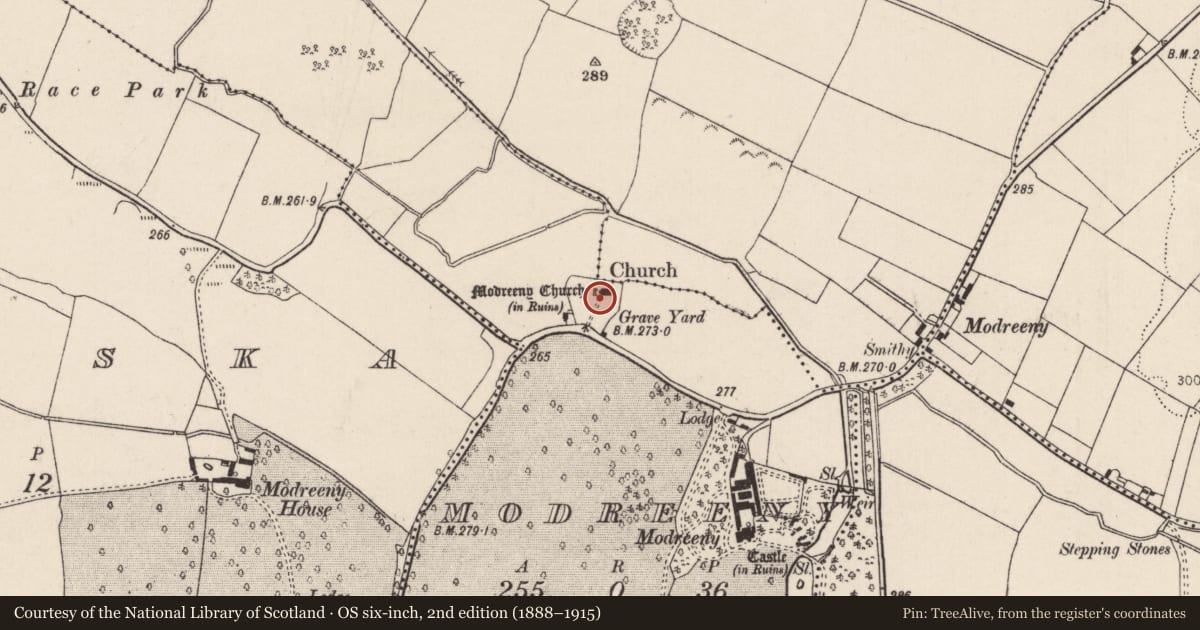 Ordnance Survey six-inch map, 2nd edition (1888–1915) covering the location of Graveyard, Modreeny, County Tipperary North, with a pin at the register's coordinates