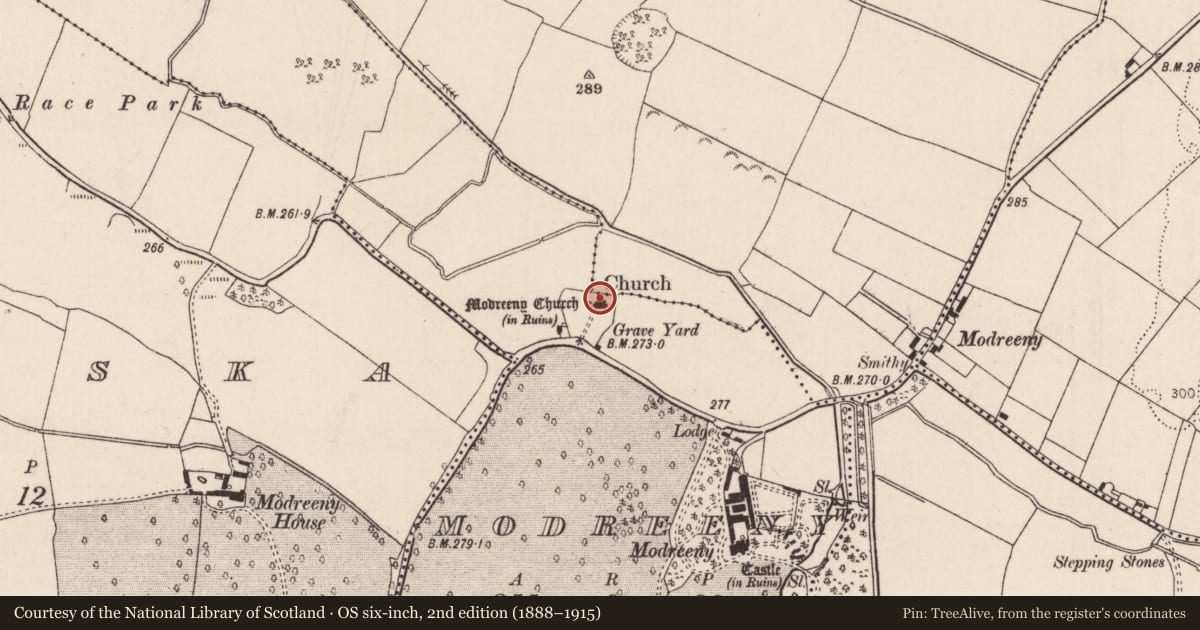 Ordnance Survey six-inch map, 2nd edition (1888–1915) covering the location of Bullaun stone, Modreeny, County Tipperary North, with a pin at the register's coordinates