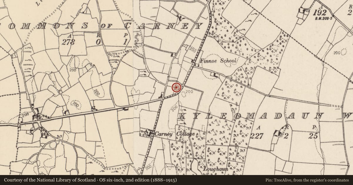 Ordnance Survey six-inch map, 2nd edition (1888–1915) covering the location of Mound, Carney, Commons of, County Tipperary North, with a pin at the register's coordinates
