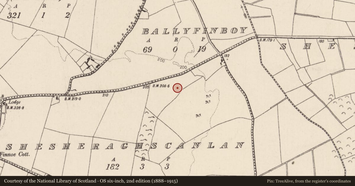 Ordnance Survey six-inch map, 2nd edition (1888–1915) covering the location of Earthwork, Shesheraghscanlan, County Tipperary North, with a pin at the register's coordinates