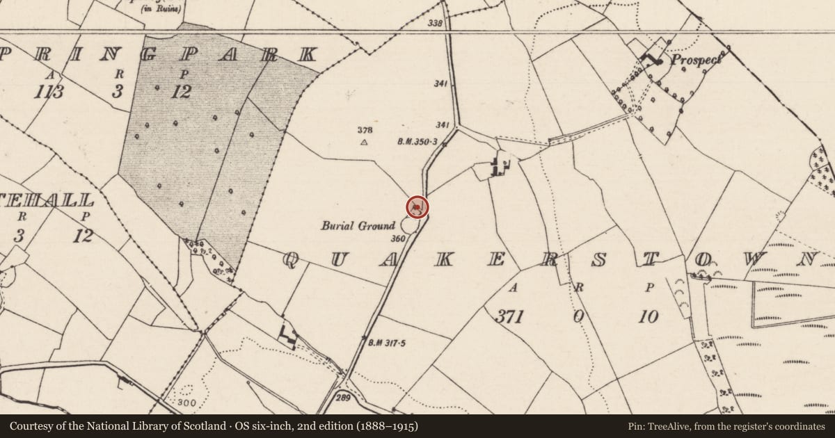Ordnance Survey six-inch map, 2nd edition (1888–1915) covering the location of Meeting-house, Quakerstown, County Tipperary North, with a pin at the register's coordinates